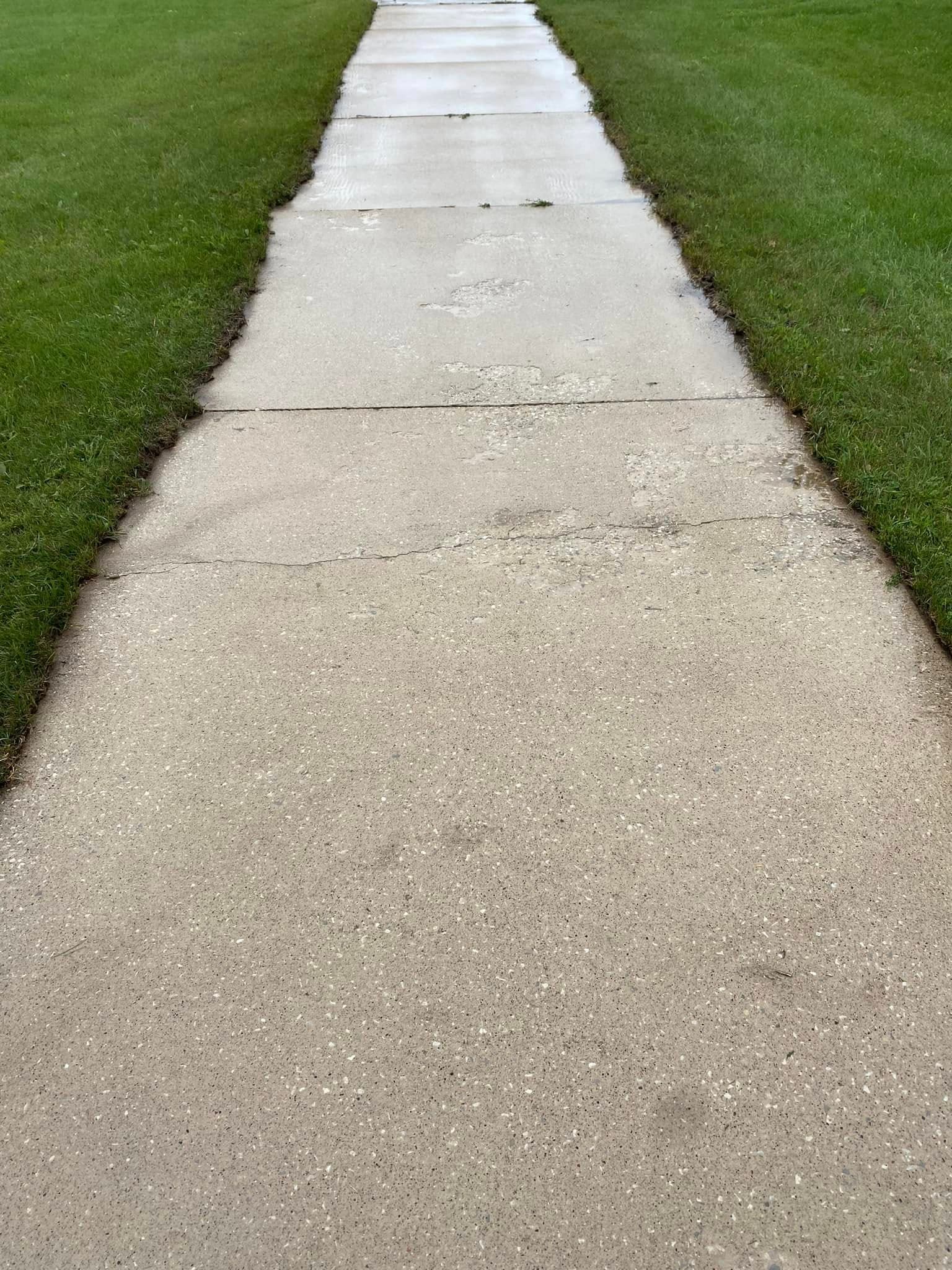 Concrete sidewalk bordered by lush green grass, featuring a wet surface after rain.
