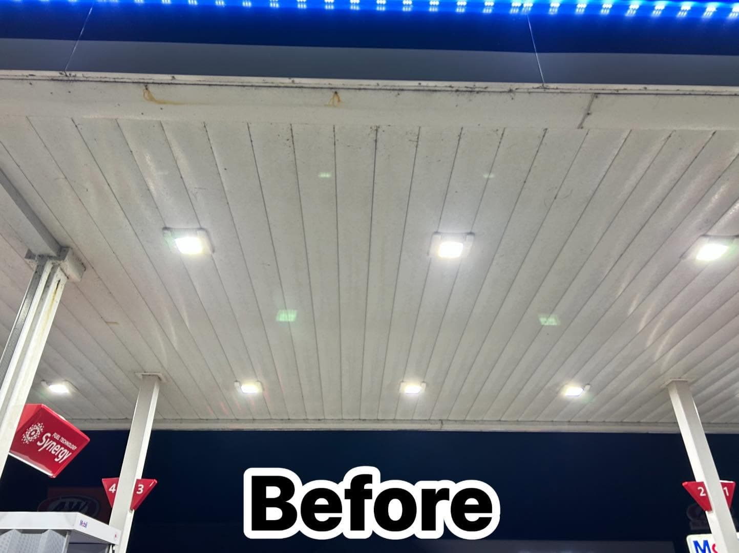 Gas station ceiling with bright lights, labeled 'Before' renovation.